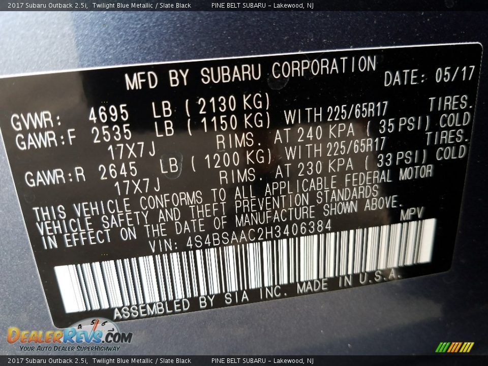 2017 Subaru Outback 2.5i Twilight Blue Metallic / Slate Black Photo #9