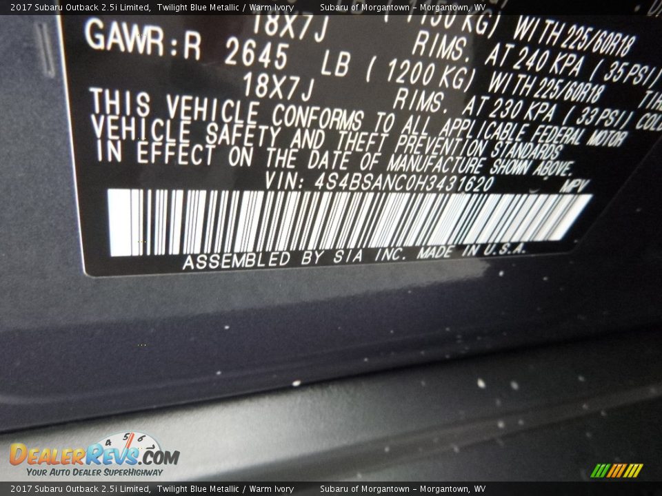 2017 Subaru Outback 2.5i Limited Twilight Blue Metallic / Warm Ivory Photo #16