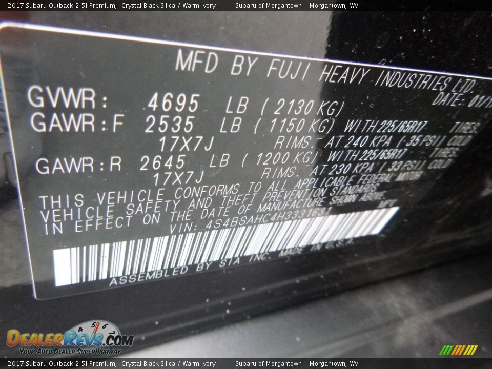 2017 Subaru Outback 2.5i Premium Crystal Black Silica / Warm Ivory Photo #17