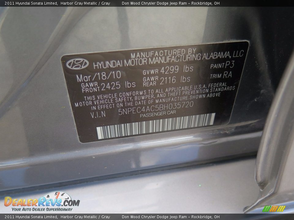 2011 Hyundai Sonata Limited Harbor Gray Metallic / Gray Photo #36