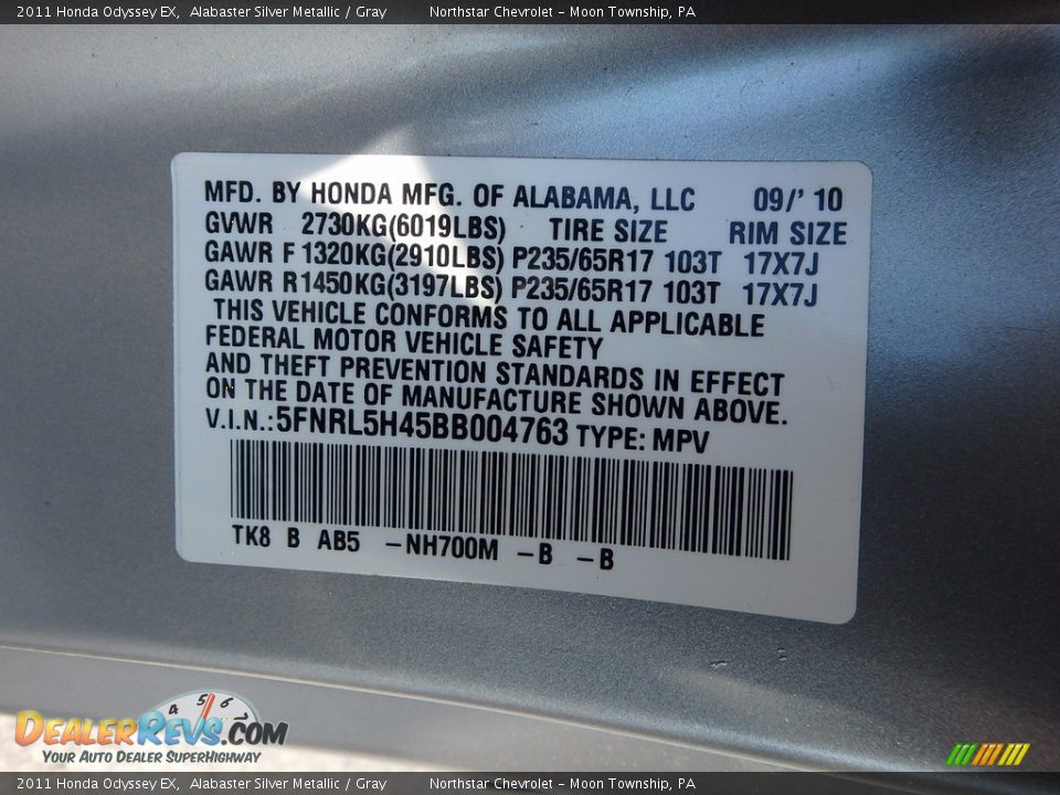 2011 Honda Odyssey EX Alabaster Silver Metallic / Gray Photo #29