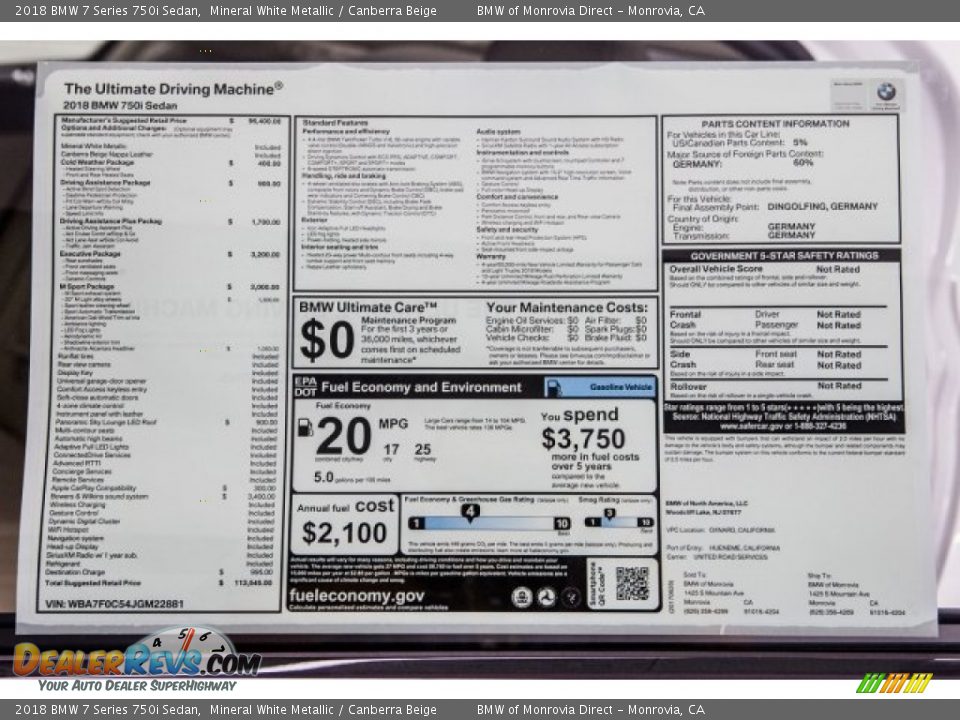 2018 BMW 7 Series 750i Sedan Window Sticker Photo #10