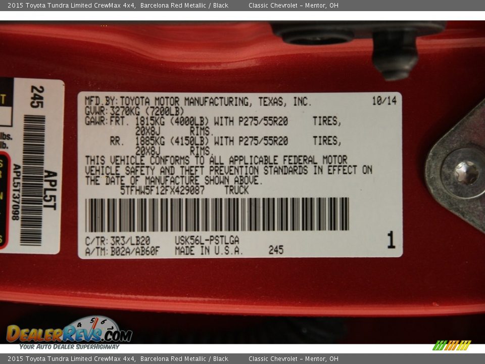 2015 Toyota Tundra Limited CrewMax 4x4 Barcelona Red Metallic / Black Photo #20