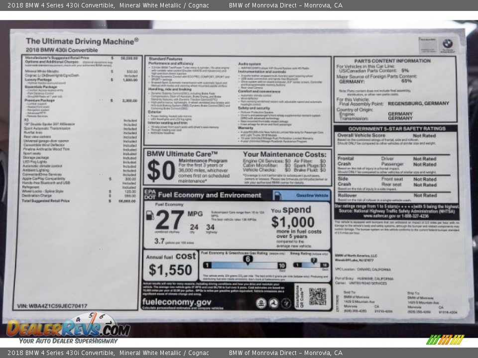 2018 BMW 4 Series 430i Convertible Window Sticker Photo #10