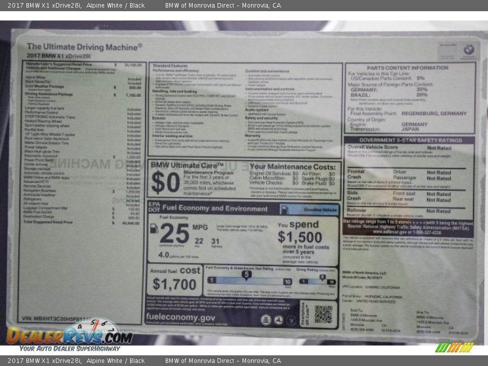 2017 BMW X1 xDrive28i Alpine White / Black Photo #10