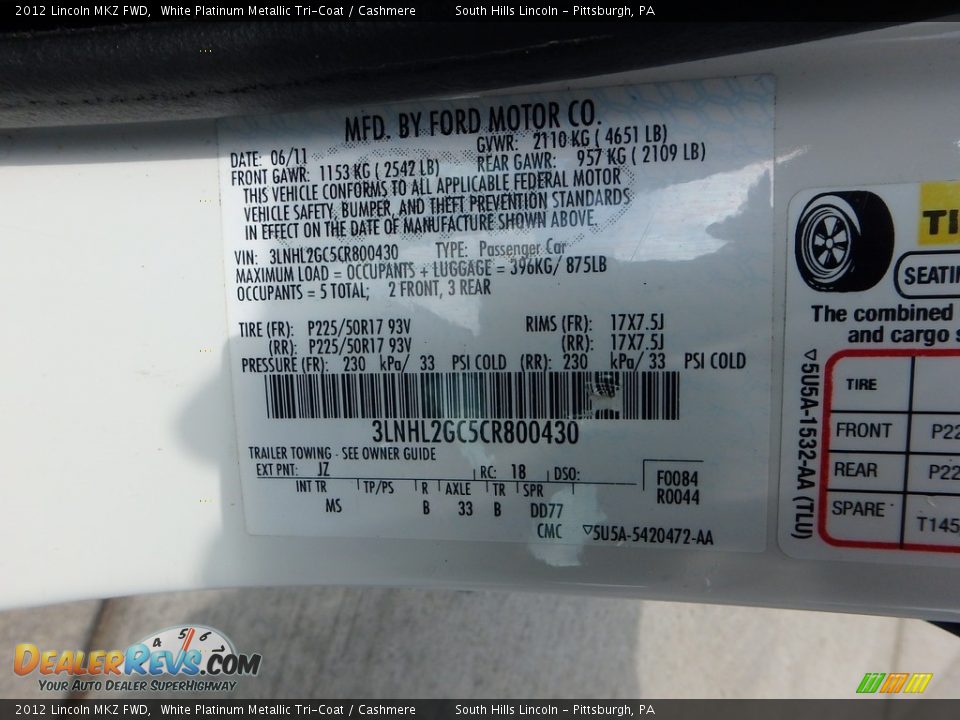 2012 Lincoln MKZ FWD White Platinum Metallic Tri-Coat / Cashmere Photo #24