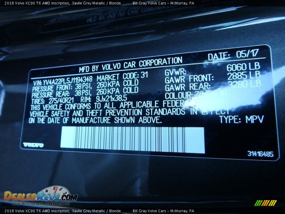 2018 Volvo XC90 T6 AWD Inscription Savile Grey Metallic / Blonde Photo #13
