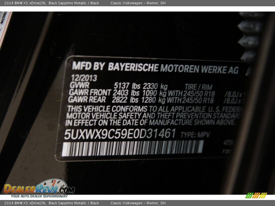 2014 BMW X3 xDrive28i Black Sapphire Metallic / Black Photo #32