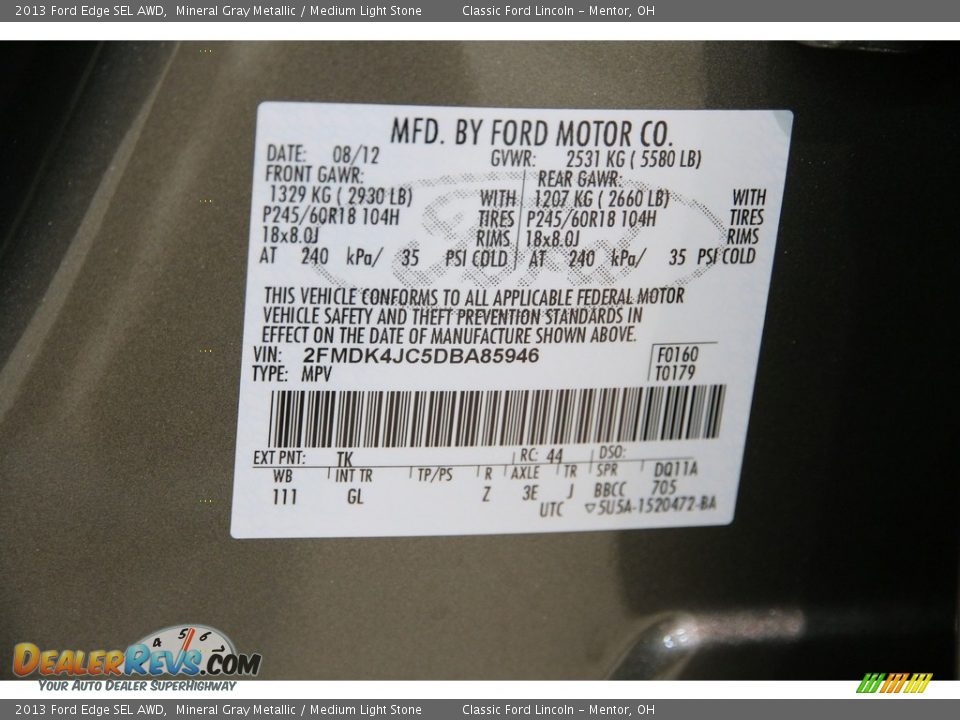 2013 Ford Edge SEL AWD Mineral Gray Metallic / Medium Light Stone Photo #21