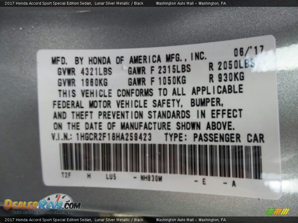 2017 Honda Accord Sport Special Edition Sedan Lunar Silver Metallic / Black Photo #8