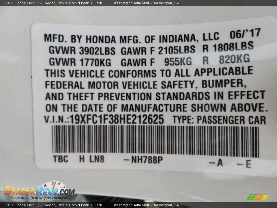 2017 Honda Civic EX-T Sedan White Orchid Pearl / Black Photo #8