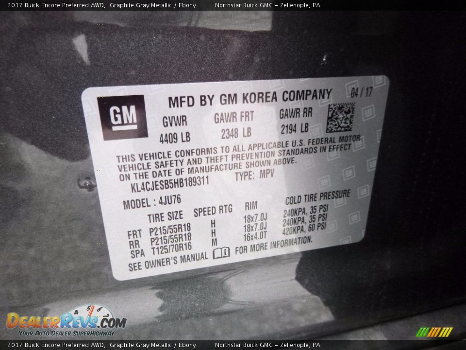 2017 Buick Encore Preferred AWD Graphite Gray Metallic / Ebony Photo #16