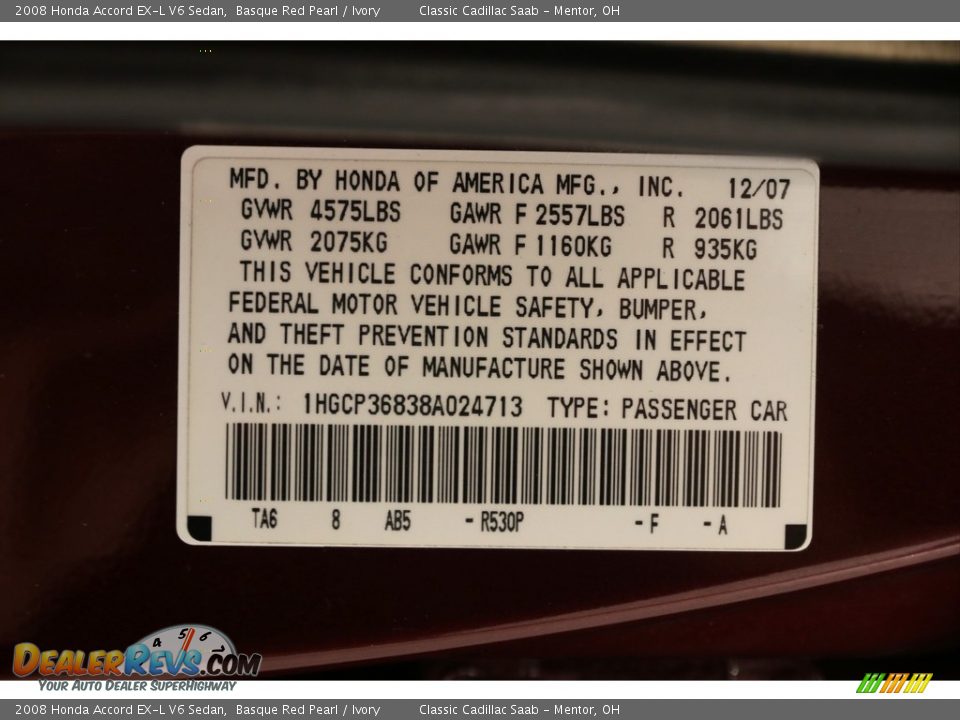 2008 Honda Accord EX-L V6 Sedan Basque Red Pearl / Ivory Photo #17
