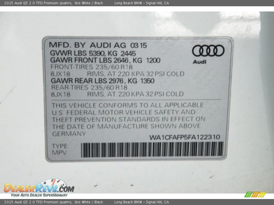 2015 Audi Q5 2.0 TFSI Premium quattro Ibis White / Black Photo #18