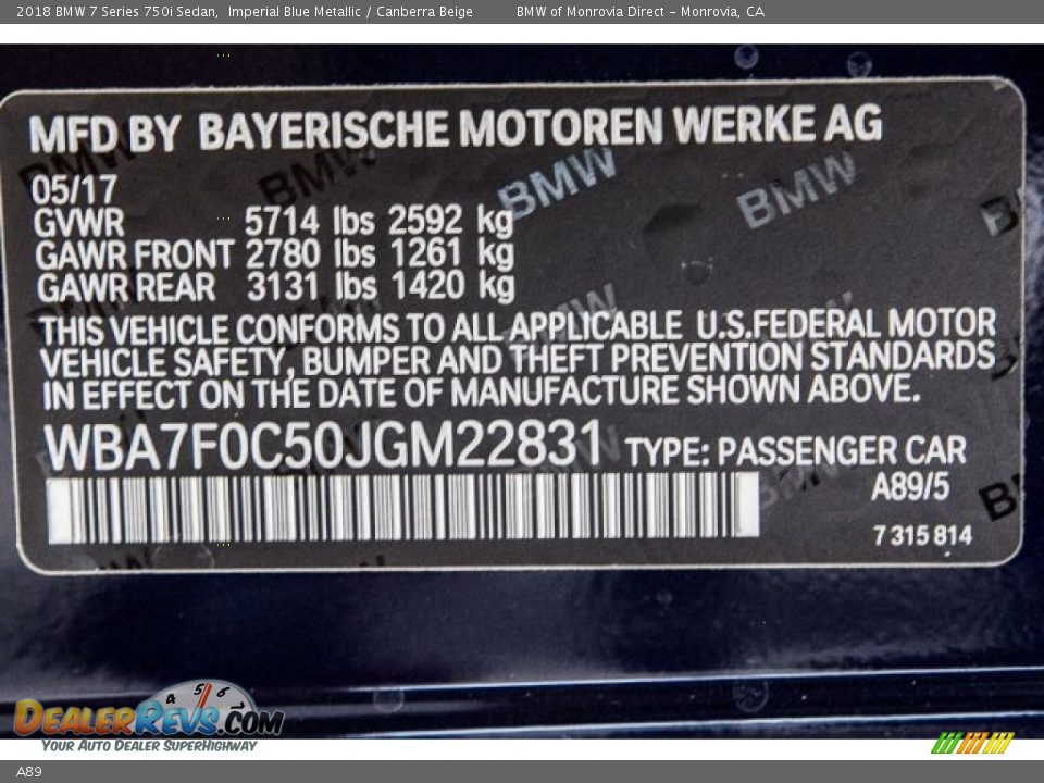 BMW Color Code A89 Imperial Blue Metallic