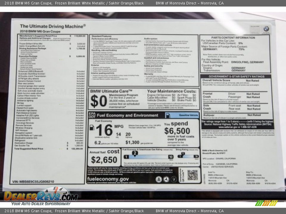 2018 BMW M6 Gran Coupe Window Sticker Photo #10