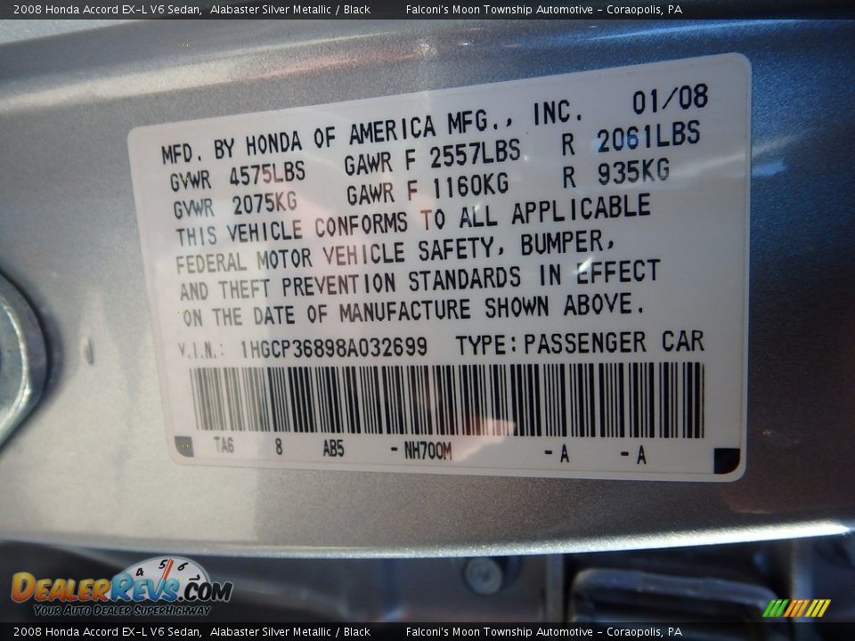 2008 Honda Accord EX-L V6 Sedan Alabaster Silver Metallic / Black Photo #24