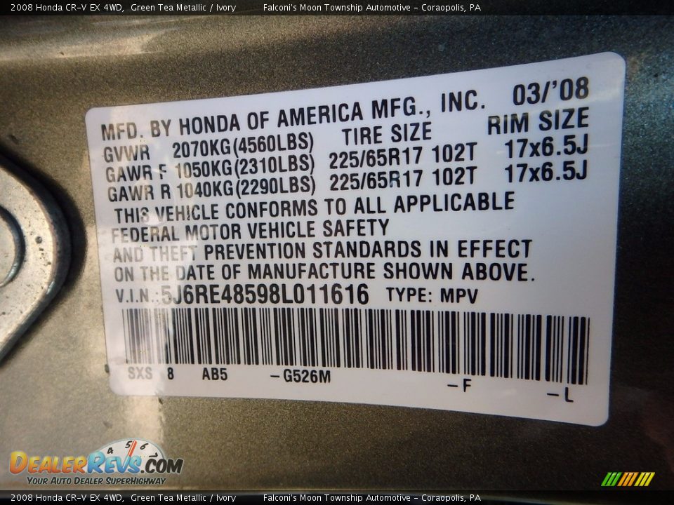 2008 Honda CR-V EX 4WD Green Tea Metallic / Ivory Photo #24
