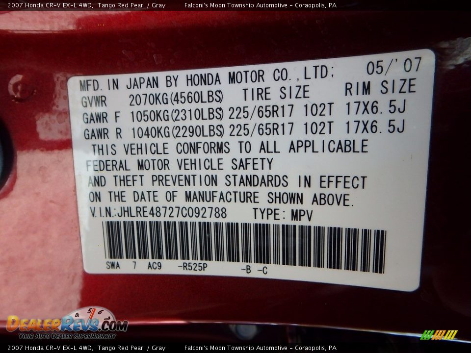 2007 Honda CR-V EX-L 4WD Tango Red Pearl / Gray Photo #24