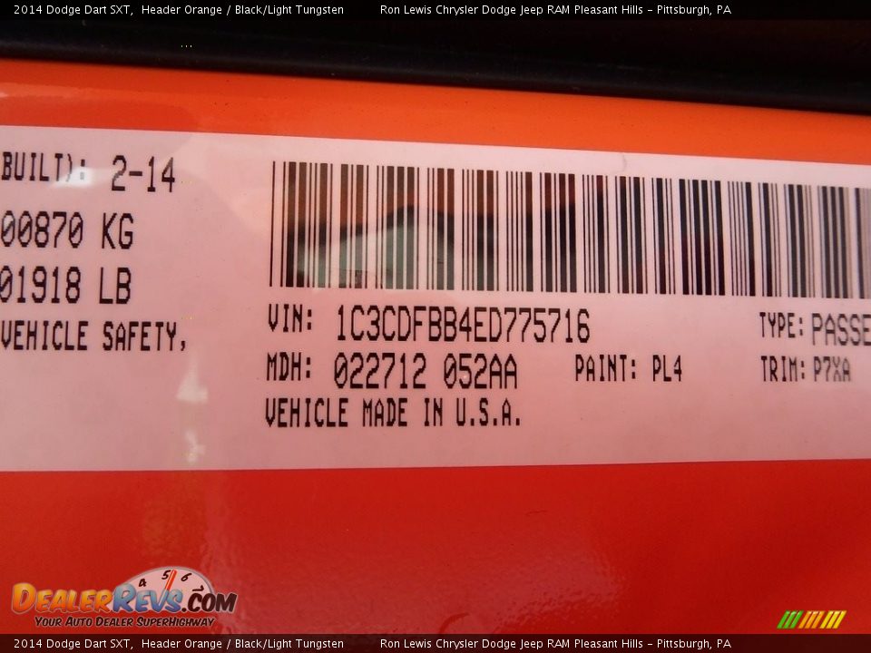 2014 Dodge Dart SXT Header Orange / Black/Light Tungsten Photo #15
