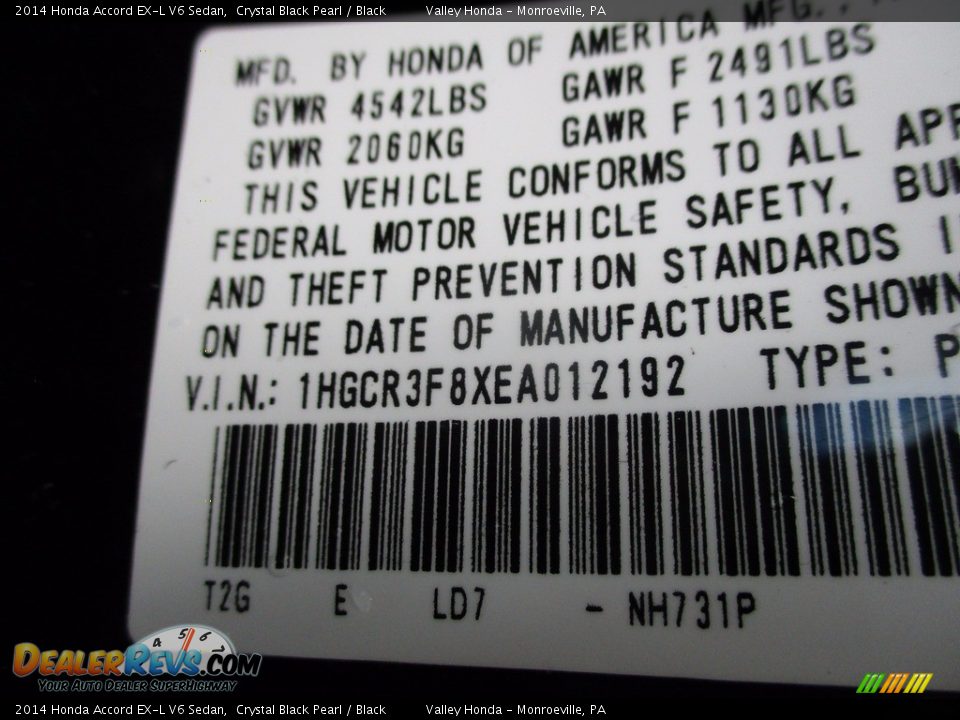2014 Honda Accord EX-L V6 Sedan Crystal Black Pearl / Black Photo #19