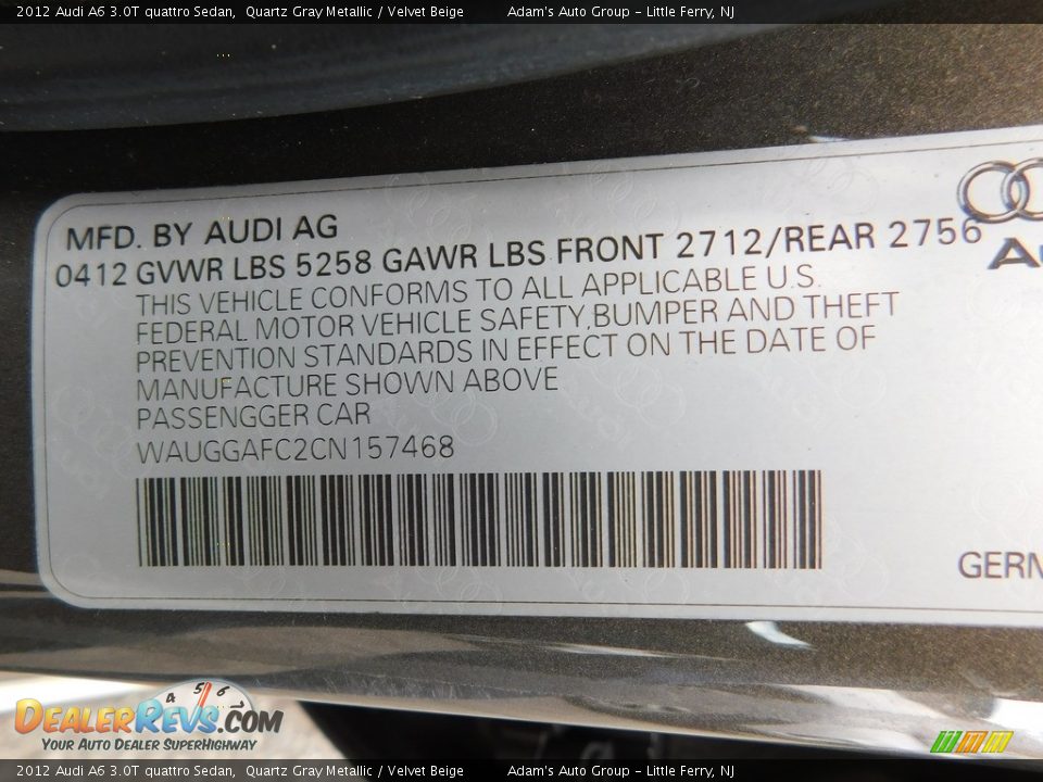 2012 Audi A6 3.0T quattro Sedan Quartz Gray Metallic / Velvet Beige Photo #36