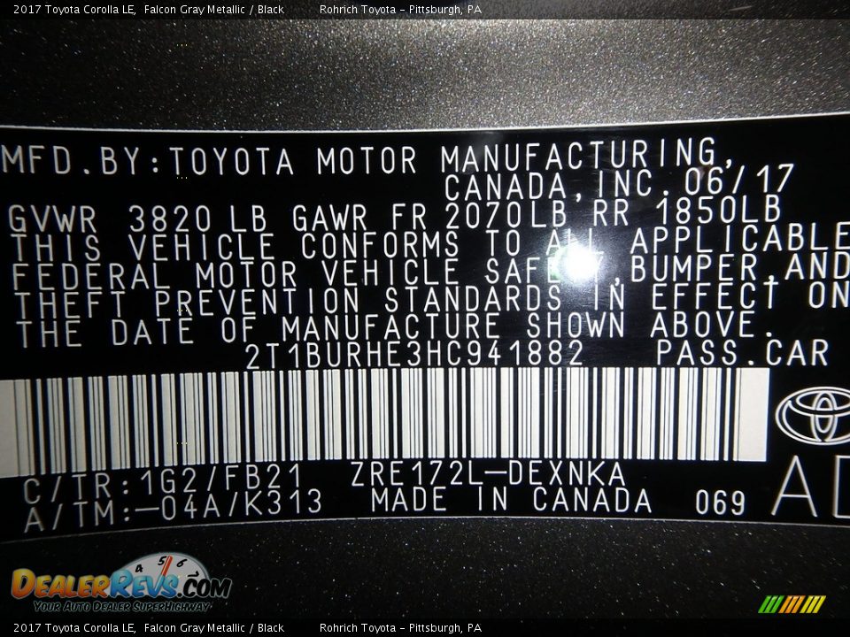2017 Toyota Corolla LE Falcon Gray Metallic / Black Photo #10