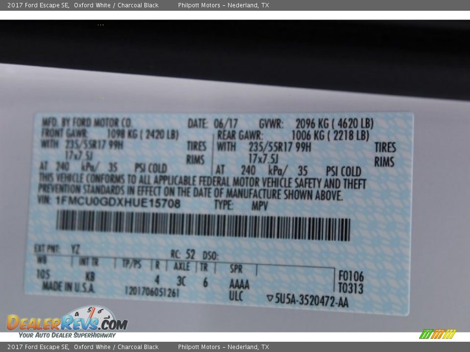 2017 Ford Escape SE Oxford White / Charcoal Black Photo #30