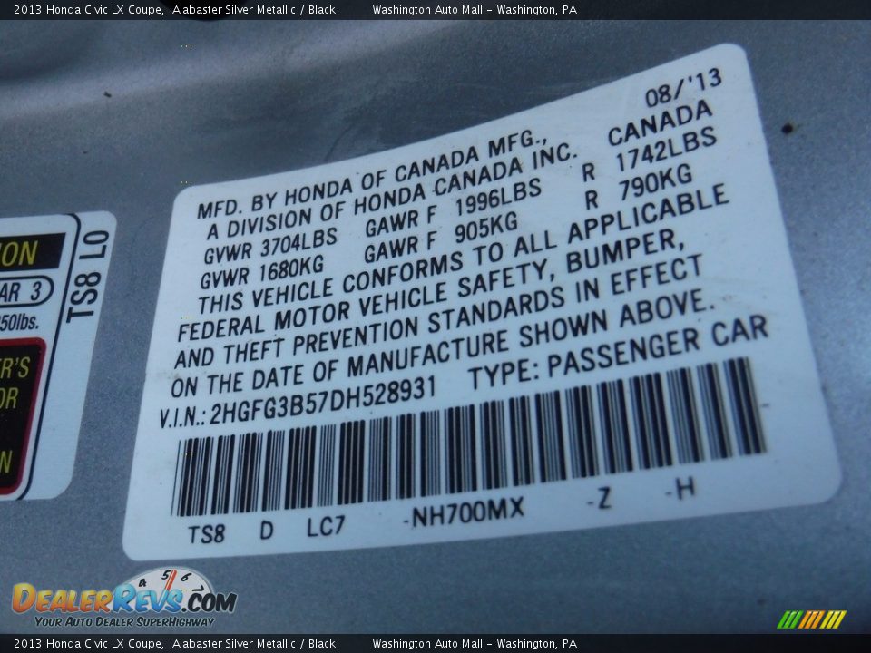 2013 Honda Civic LX Coupe Alabaster Silver Metallic / Black Photo #24