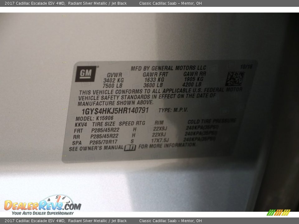 2017 Cadillac Escalade ESV 4WD Radiant Silver Metallic / Jet Black Photo #25