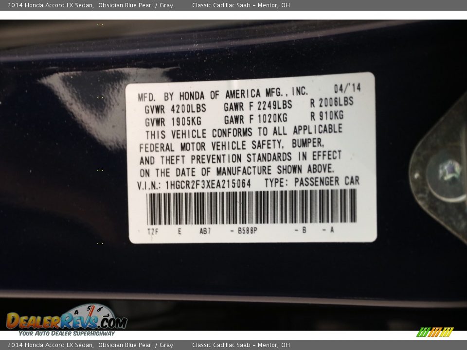 2014 Honda Accord LX Sedan Obsidian Blue Pearl / Gray Photo #19