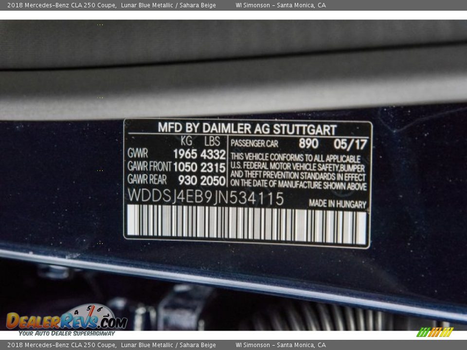 2018 Mercedes-Benz CLA 250 Coupe Lunar Blue Metallic / Sahara Beige Photo #10