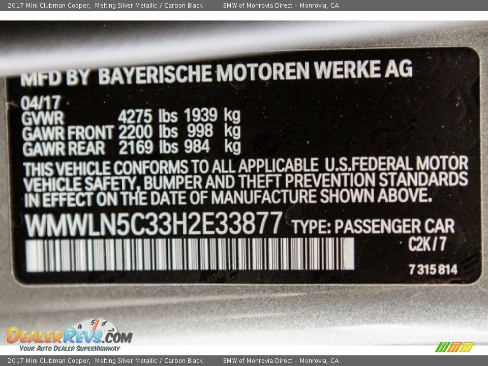 2017 Mini Clubman Cooper Melting Silver Metallic / Carbon Black Photo #11