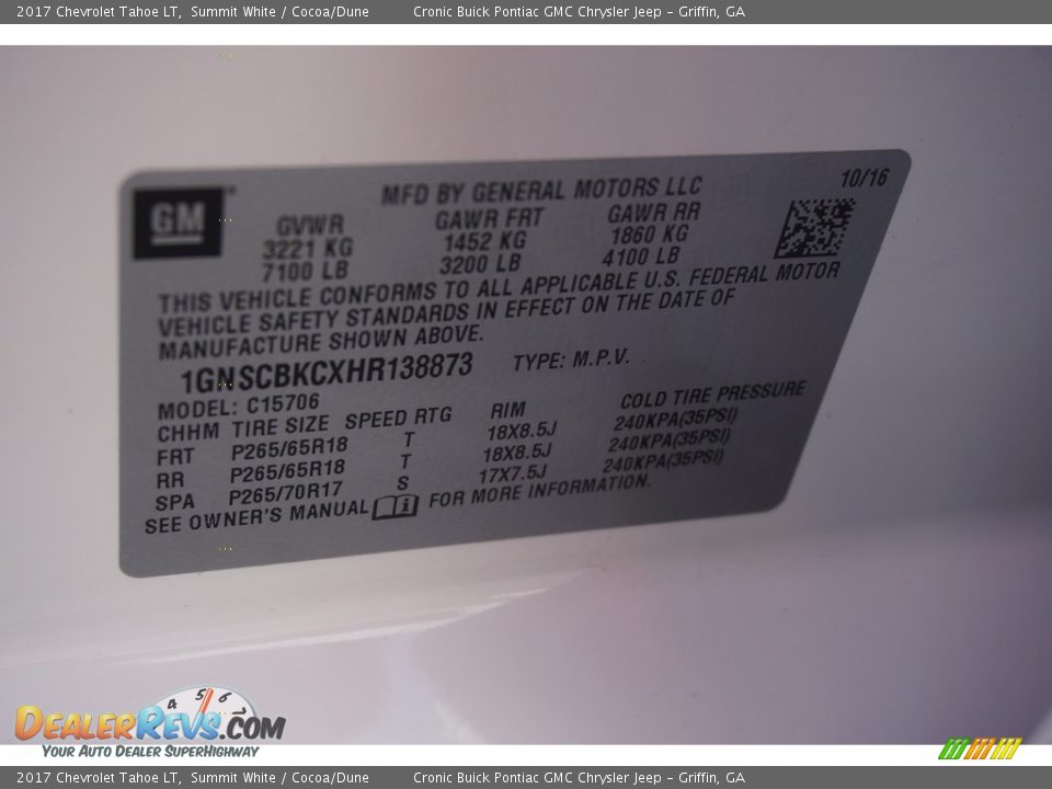 2017 Chevrolet Tahoe LT Summit White / Cocoa/Dune Photo #28