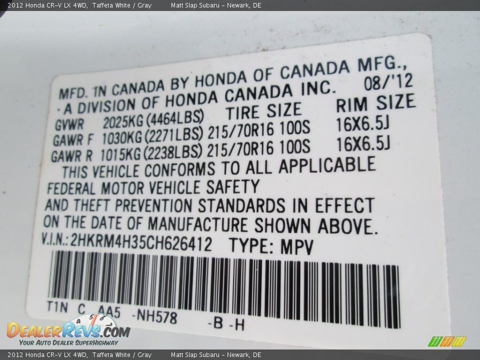 2012 Honda CR-V LX 4WD Taffeta White / Gray Photo #29