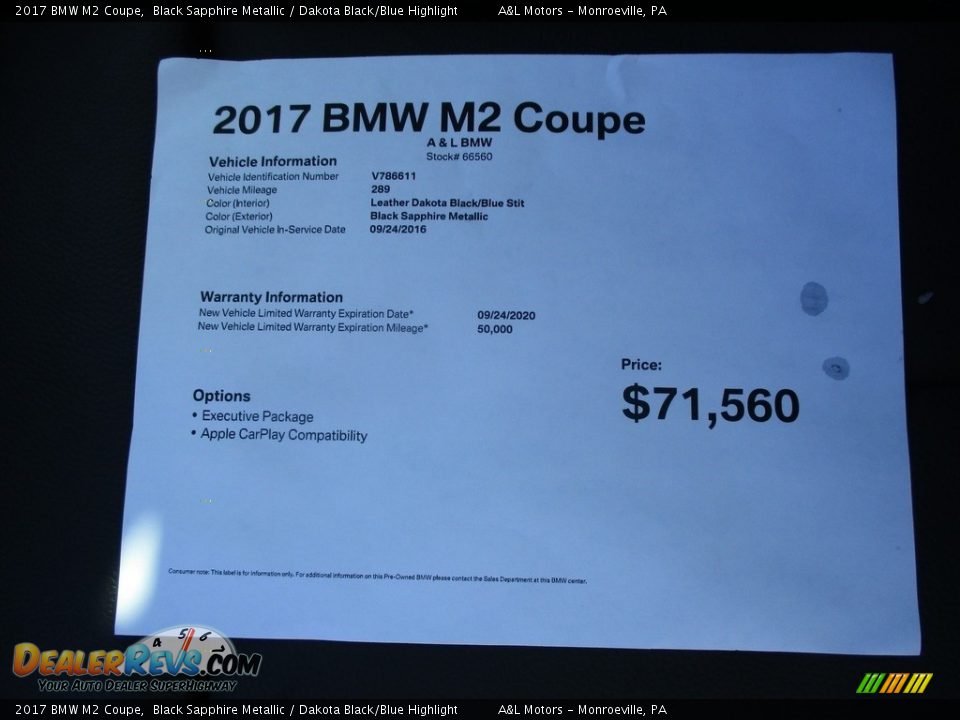 2017 BMW M2 Coupe Black Sapphire Metallic / Dakota Black/Blue Highlight Photo #11