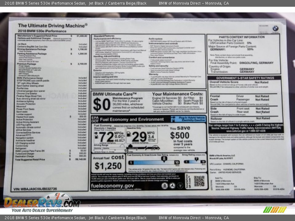 2018 BMW 5 Series 530e iPerfomance Sedan Window Sticker Photo #10