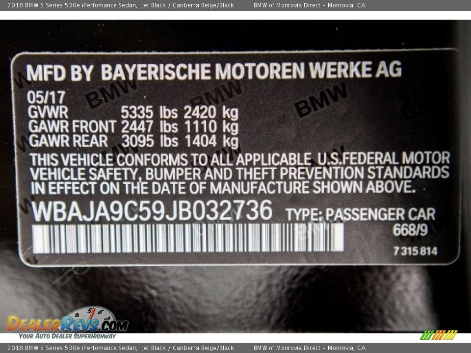 2018 BMW 5 Series 530e iPerfomance Sedan Jet Black / Canberra Beige/Black Photo #11
