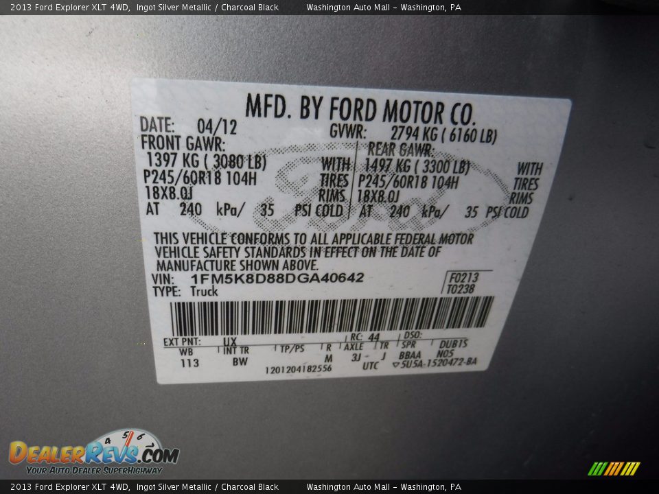 2013 Ford Explorer XLT 4WD Ingot Silver Metallic / Charcoal Black Photo #29