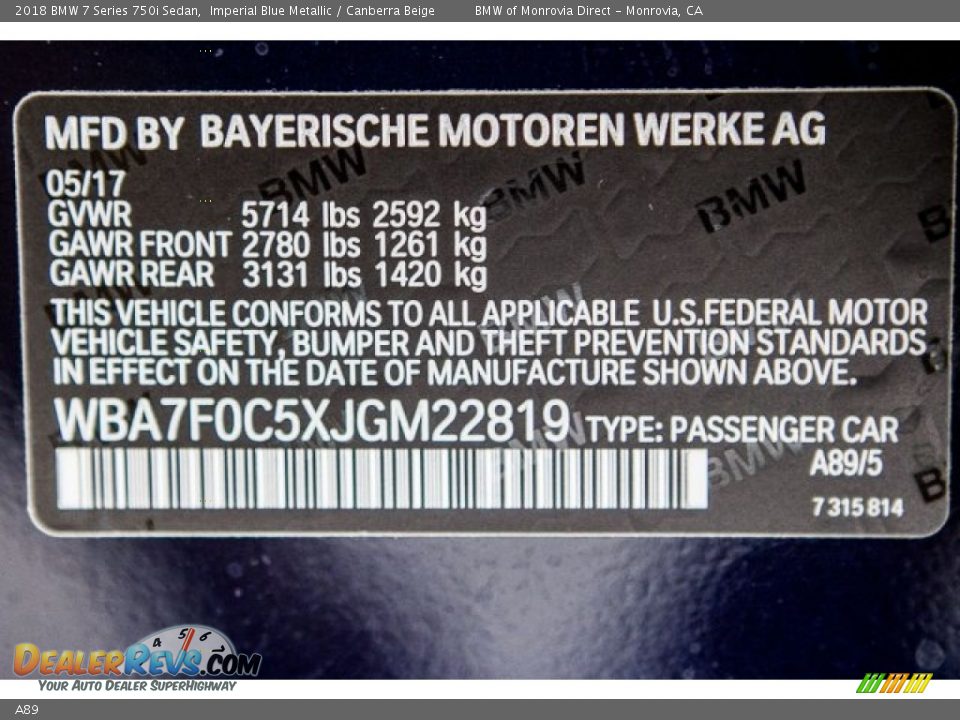 BMW Color Code A89 Imperial Blue Metallic