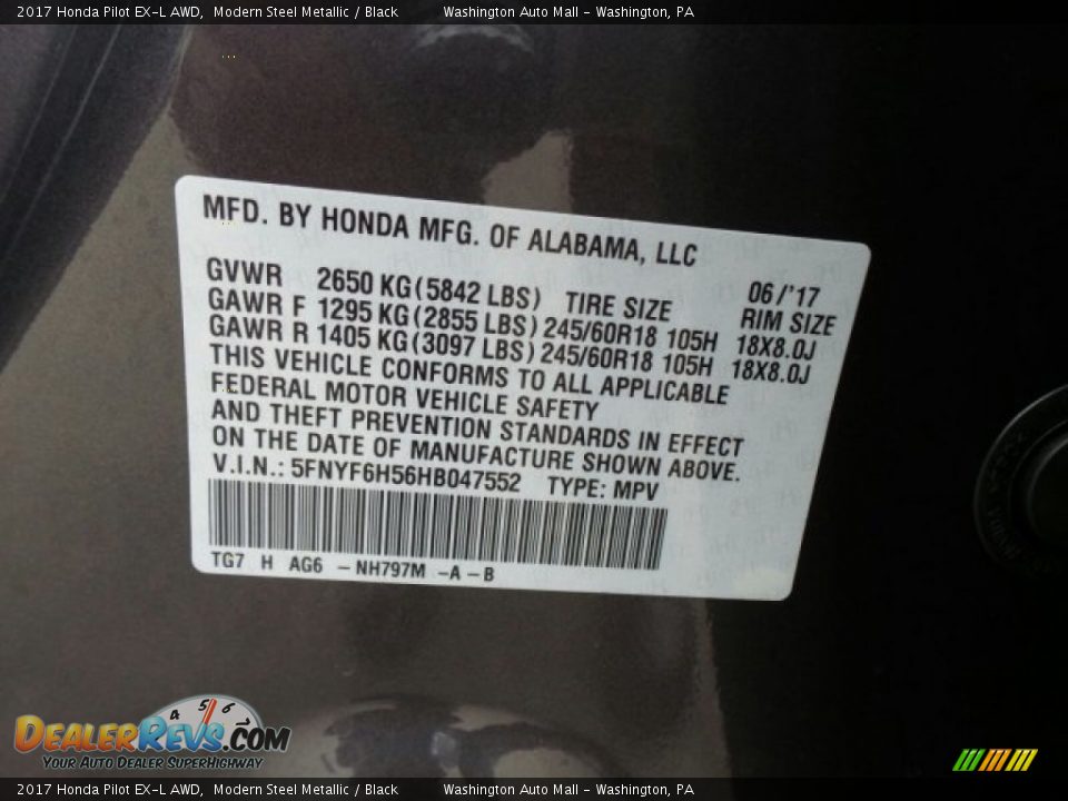 2017 Honda Pilot EX-L AWD Modern Steel Metallic / Black Photo #8