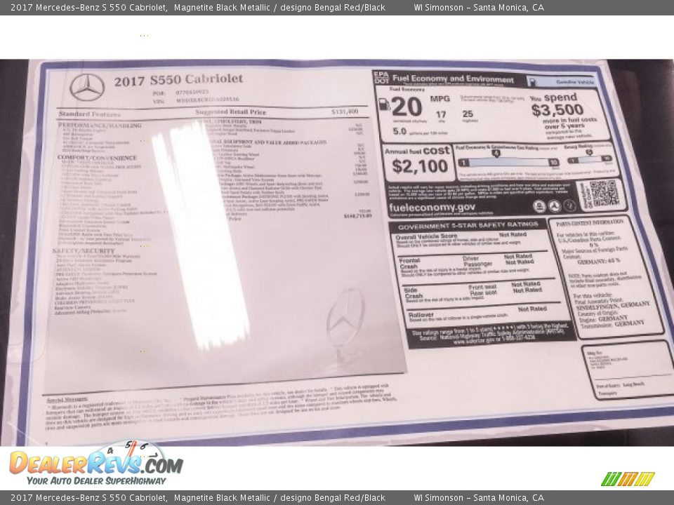 2017 Mercedes-Benz S 550 Cabriolet Window Sticker Photo #12