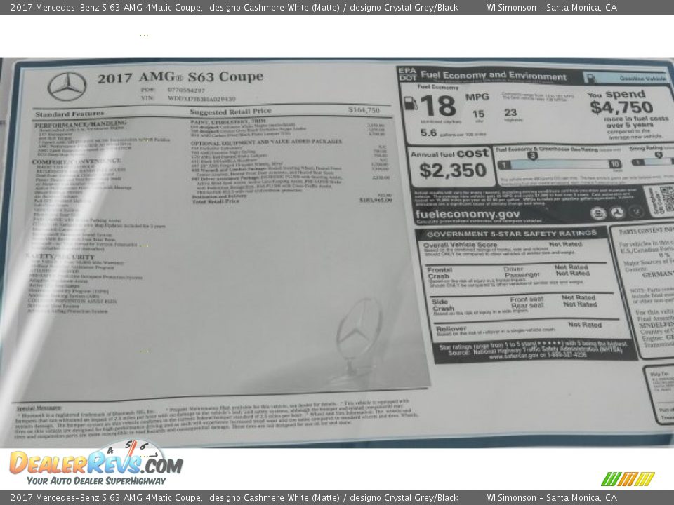 2017 Mercedes-Benz S 63 AMG 4Matic Coupe Window Sticker Photo #13