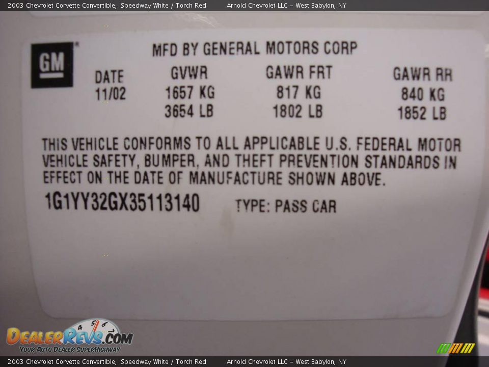 2003 Chevrolet Corvette Convertible Speedway White / Torch Red Photo #17