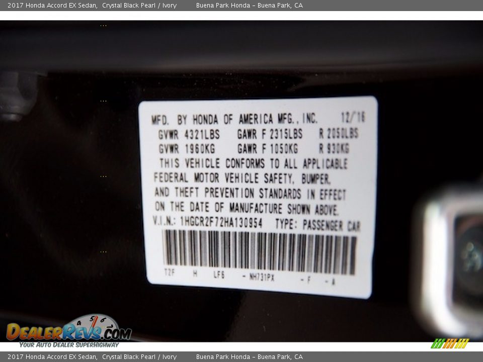 2017 Honda Accord EX Sedan Crystal Black Pearl / Ivory Photo #19