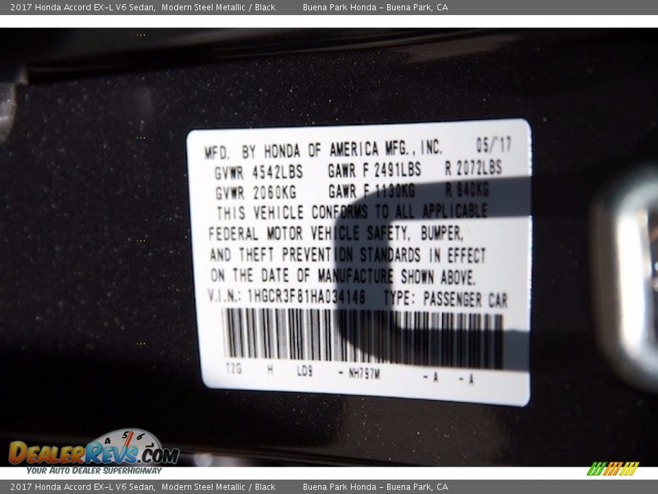 2017 Honda Accord EX-L V6 Sedan Modern Steel Metallic / Black Photo #19