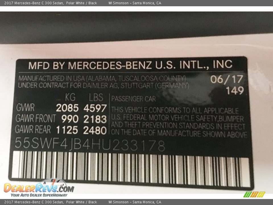 2017 Mercedes-Benz C 300 Sedan Polar White / Black Photo #10