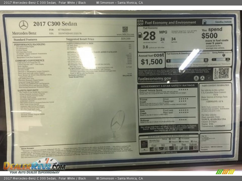 2017 Mercedes-Benz C 300 Sedan Polar White / Black Photo #11