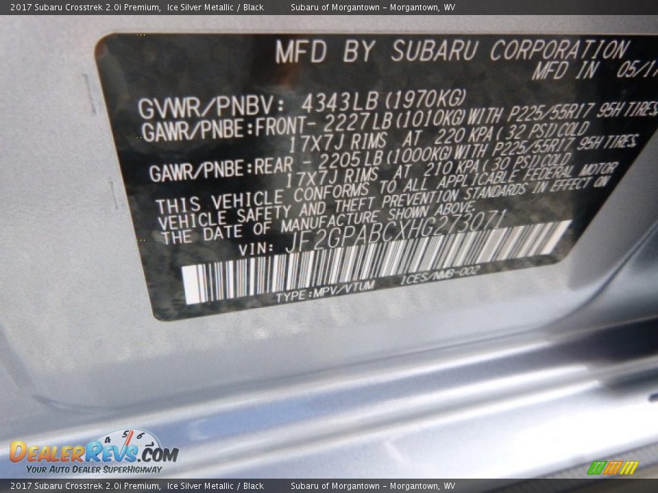 2017 Subaru Crosstrek 2.0i Premium Ice Silver Metallic / Black Photo #10