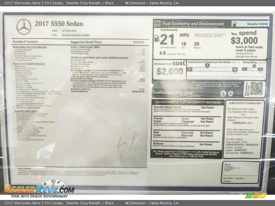 2017 Mercedes-Benz S 550 Sedan Selenite Grey Metallic / Black Photo #11